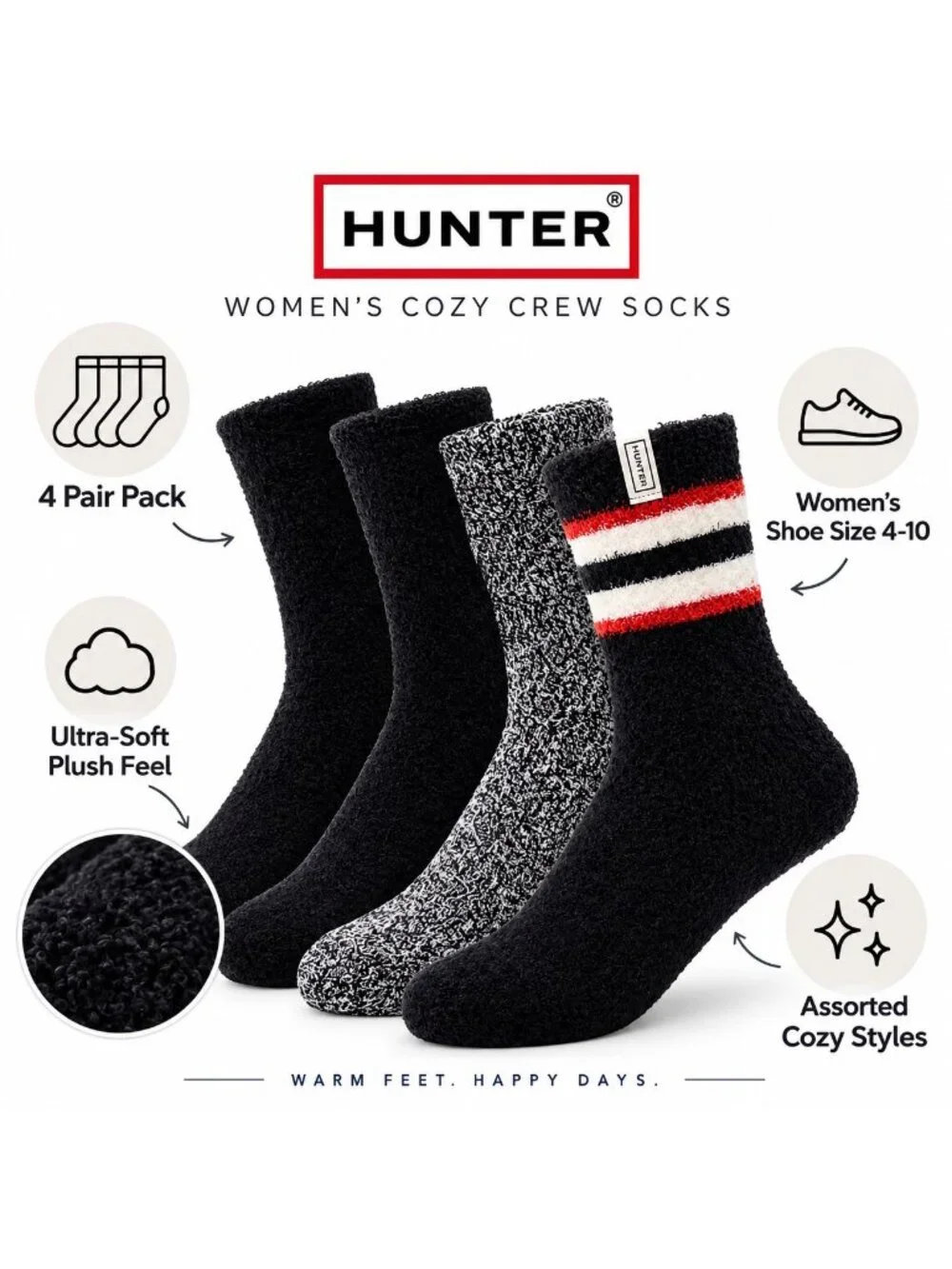 Hunter Women's Cozy Socks 4 Pair Pack Black Size 4-10 NWT